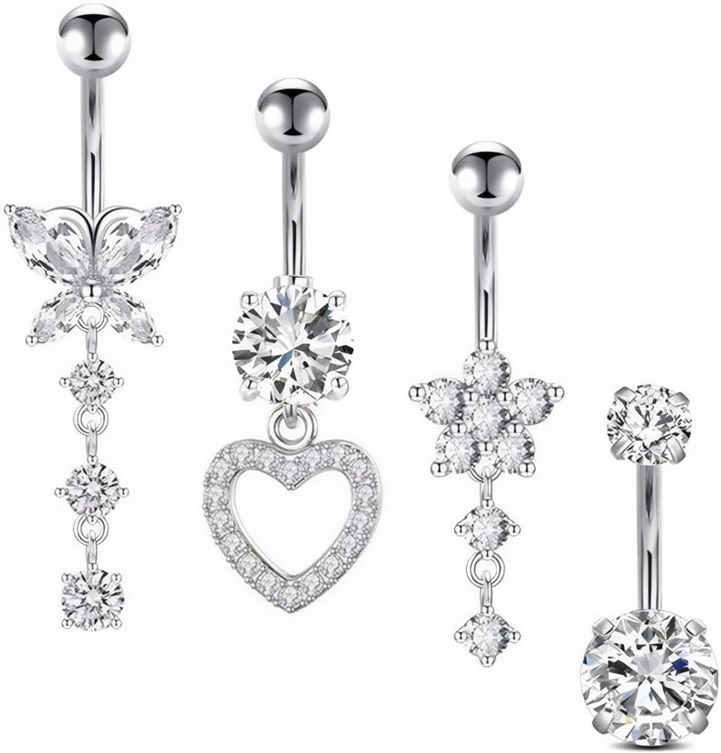 Navelringen, 4 stuks navelpiercing barbell-set 316L chirurgisch staal piercing sieraden navelpiercing sterling zilveren navelpiercing titanium clip cadeau voor vrouwen, Koper