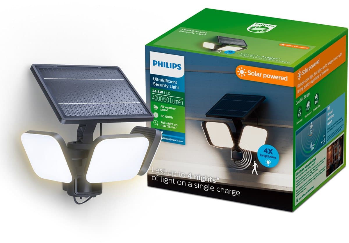 Philips UltraEfficient Zyren Wandlamp - Solar Beveiligingslamp - Bewegingssensor - Helder wit licht: 5000K - 24,5W - Zwart - Twee lichtstanden - Schemersensor - Zonne-energie - Waterbestendig