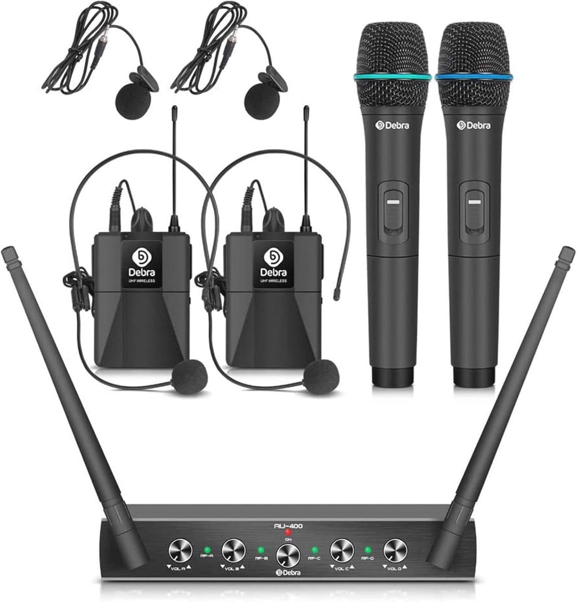 Draadloos 4-Kanaals Microfoonset met Handheld, Lavalier en Headset voor Karaoke en Ceremonies