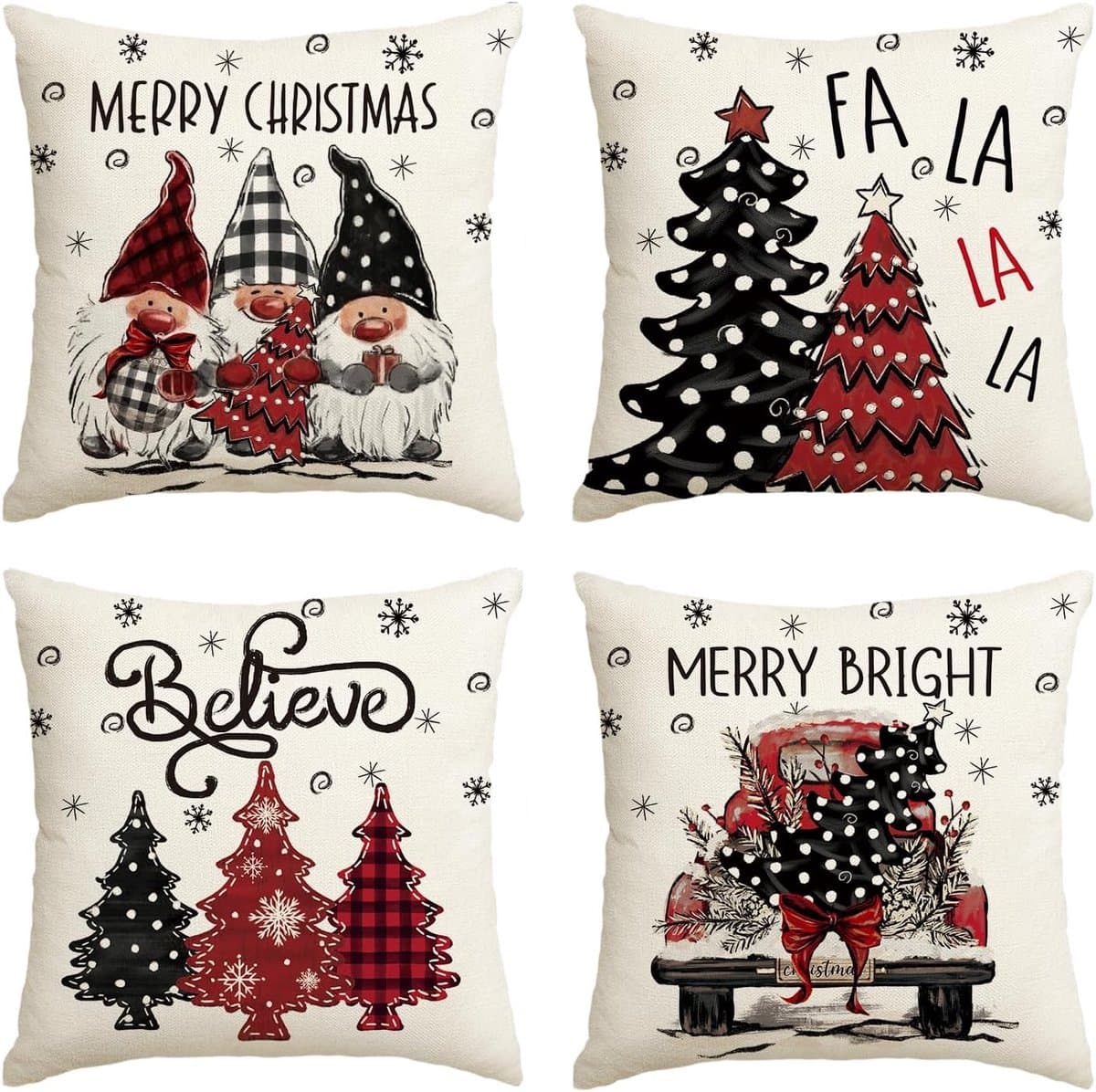 Mode GNOME Set van 4 decoratieve kerstkussenslopen, bomen, vrachtwagen sneeuwvlokken, 40 x 40 cm, voor op de bank