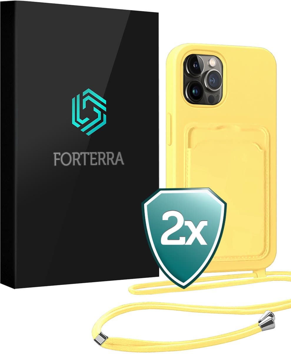Hoesje Geschikt voor iPhone 14 Pro Pashouder Case Siliconen Hoes Met Koord - Hoes Geschikt voor iPhone 14 Pro Met Telefoonkoord Hoesje Back Cover Met Pasjeshouder - Geel - 2 PACK
