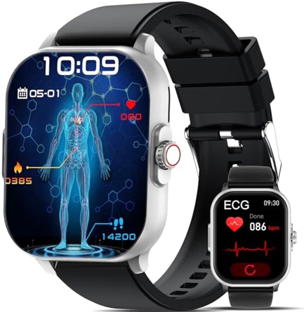 Smartwatch voor Heren en Dames met ECG, Hartslagmonitoring, Slaapmonitoring, SpO2 met 100+ Sportmodi voor Android en iOS