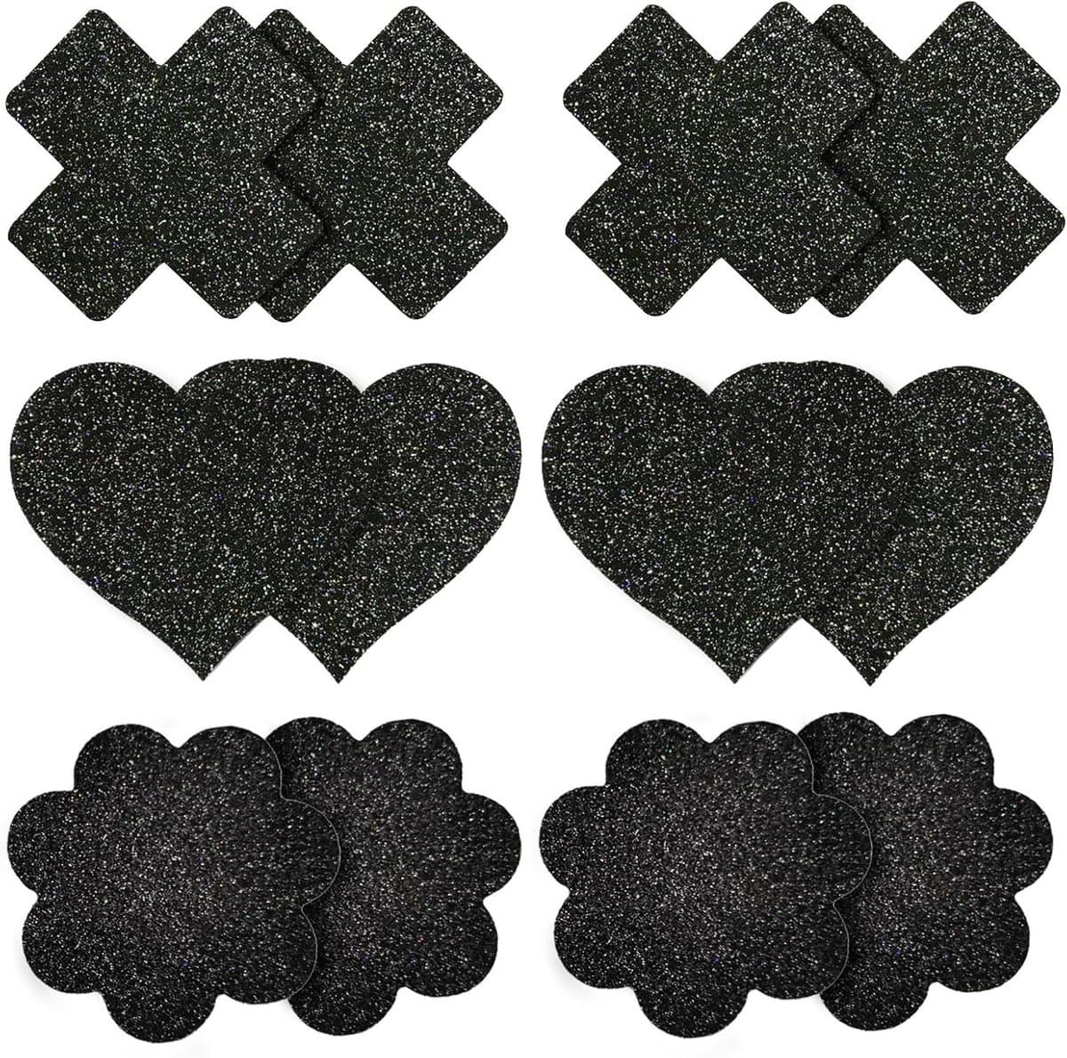 Wegwerp Tepelhoesjes - 6 Pairs Kruis Vorm Onzichtbare Tepelpastei Bloemvorm Glitter Tepelstickers Hartvorm Zelfklevende Borst Bloemblaadjes voor Vrouwen Meisjes Dames (Zwart)