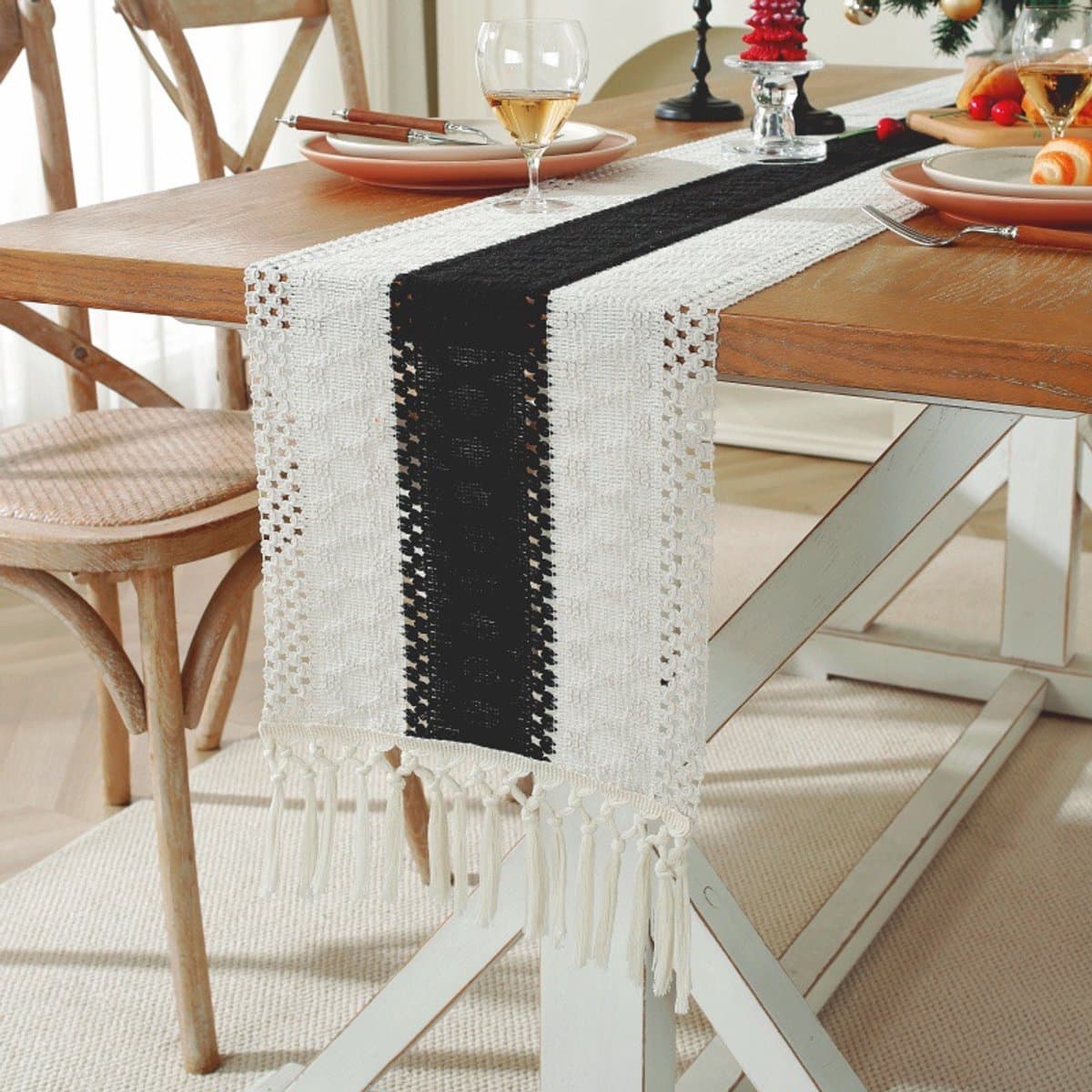 Tafelloper van tweekleurig gestikt katoen en linnen - 30x120cm neutrale tafelloper in bohemian stijl - geweven boerderijdecoratie - geschikt voor tafeldecoratie, bruiloften, feesten en decoratie van kaptafels
