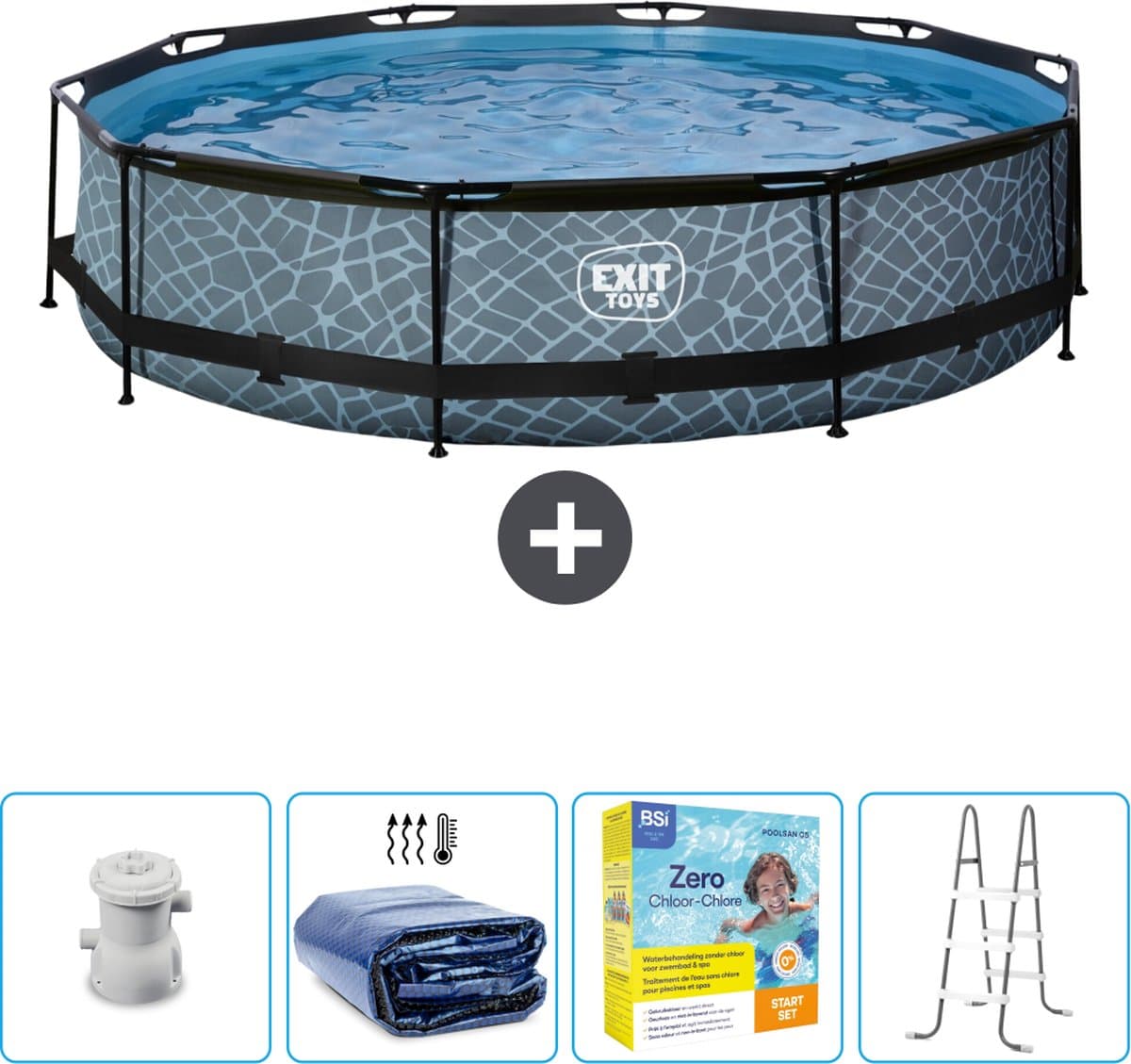 EXIT Rond Stone Frame Zwembad - 360 x 76 cm - Inclusief Pomp Solarzeil - Onderhoudspakket - Ladder - Nu extra voordelig