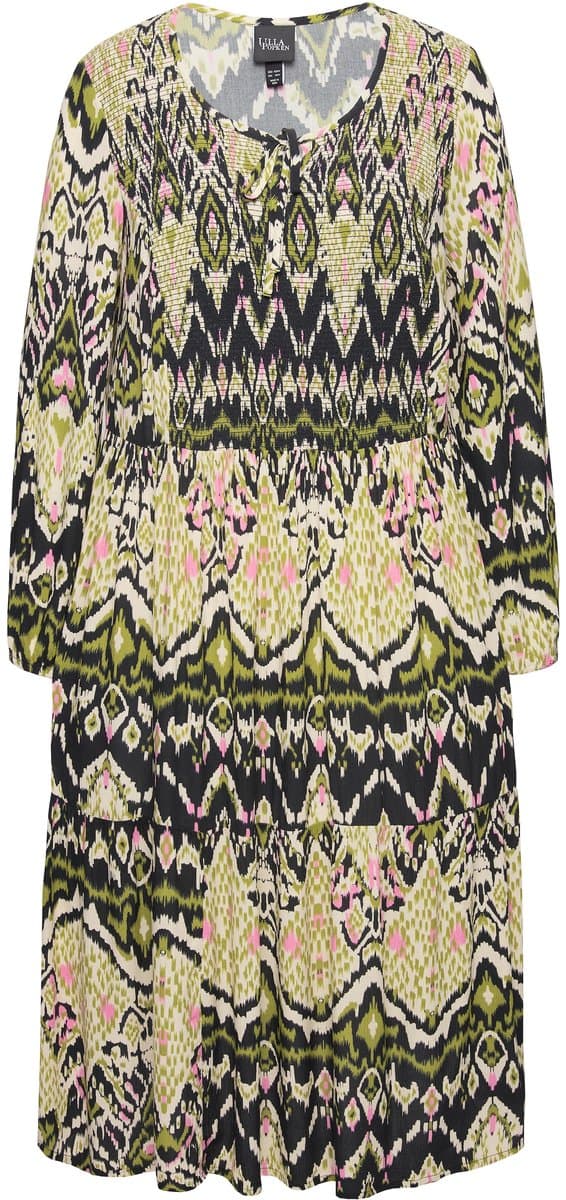 Ulla Popken - Dames - midi-jurk gerimpeld A-lijn ronde hals lange mouwen - Zwart - Maat 54+