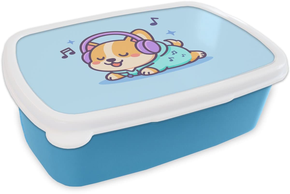 Broodtrommel Blauw - Lunchbox Corgi - Koptelefoon - Blauw - Muzieknoten - Brooddoos 18x12x6 cm - Brood lunch box - Broodtrommels voor kinderen en volwassenen