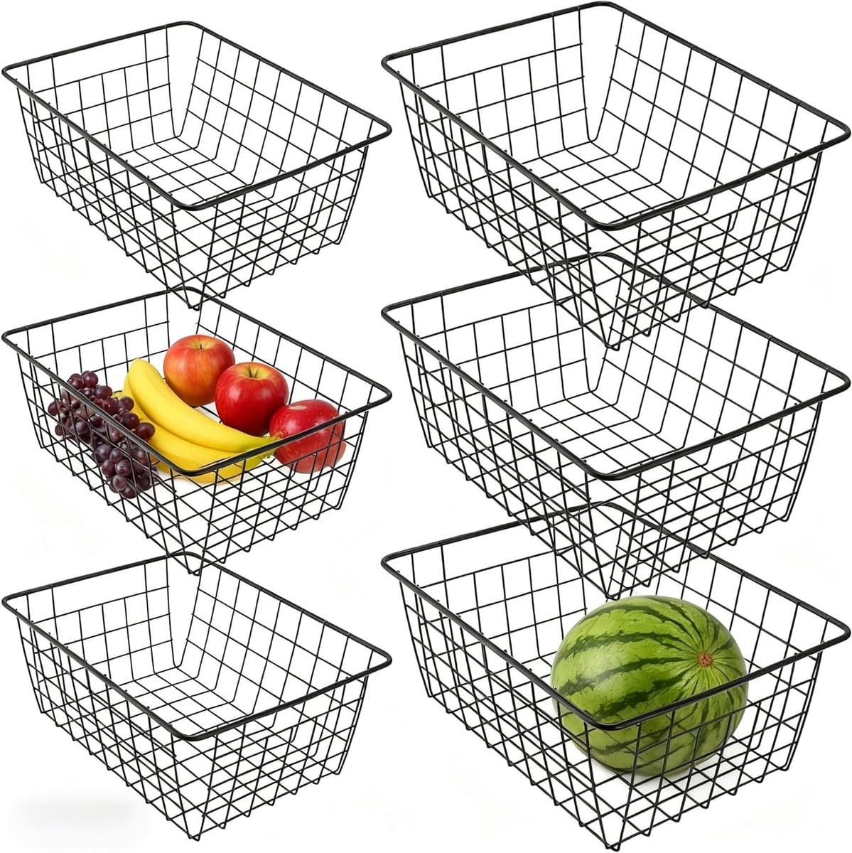 Set van 6 Zwarte Draadopbergmanden, 2 Maten voor Badkamer, Koelkast en Kantoor - Ideale Oplossing voor Organisatie en Opslag