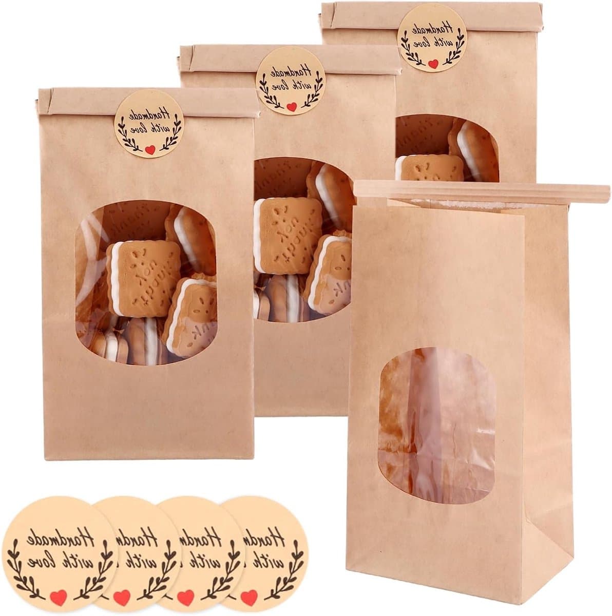 Set van 100 Kleine Papierzakjes voor Koekjes met Venster, Kraft Bakzakken voor Brood en Gebak (9 x 6 x 17 cm)