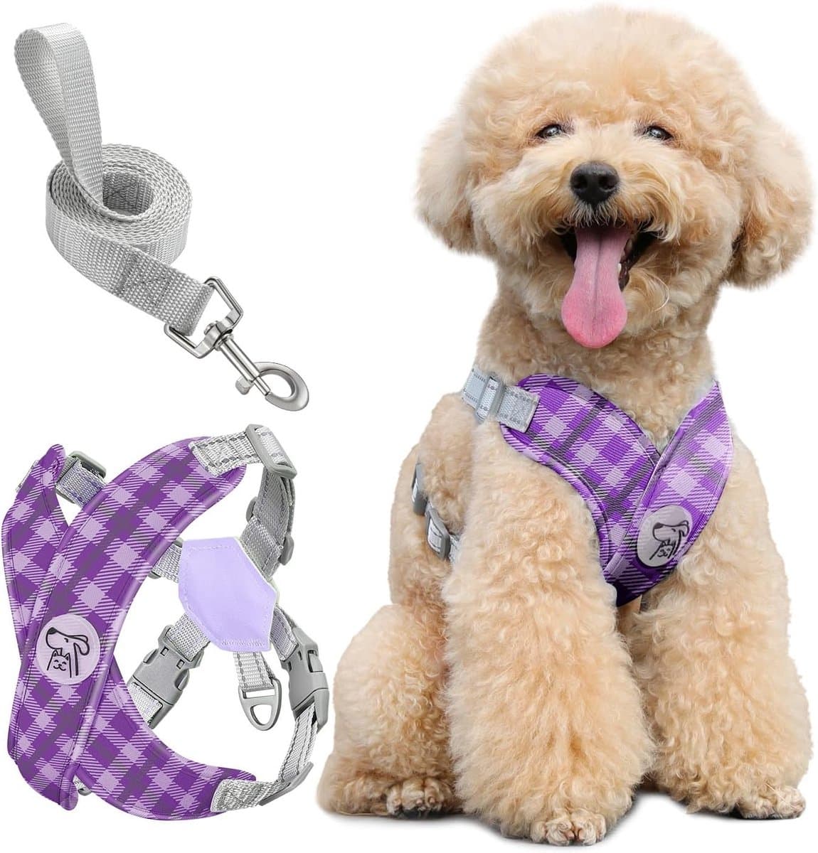 Veilige Harnas voor Honden met Leash, Verstelbaar No Pull X-Vormig Jacket voor Kleine en Middelgrote Honden, Paars Geruit, Dierveiligheid en Comfort