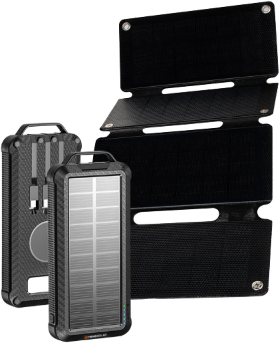 Heko Solar® Pulse + Unfold 15 - Powerbank met Zonnepaneel - 10000mAh - Ingebouwde USB-C/Micro/Lightning Kabels - Draadloze Oplader - Noodpakket, Kamperen en Outdoor