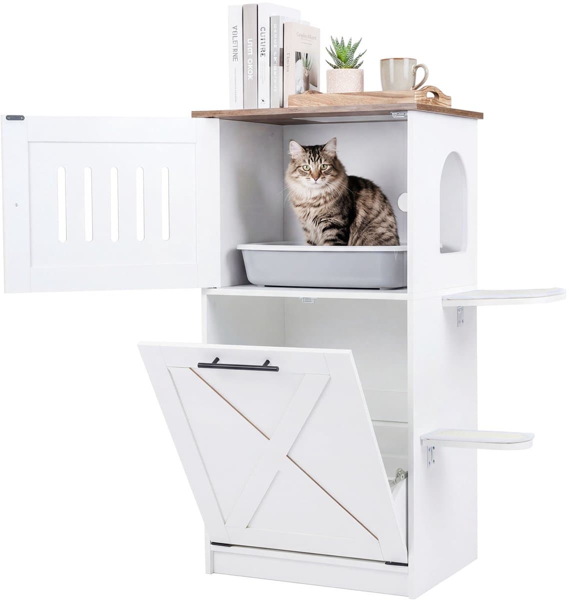 COSTWAY kattenbakkast, kattenkast met 2 sisal-krabmatten, platforms en opklapbaar vak, 3-in-1 kattenhuis, kattenbak en bijzettafel, hout, kattenmeubels voor de woonkamer, modern, wit