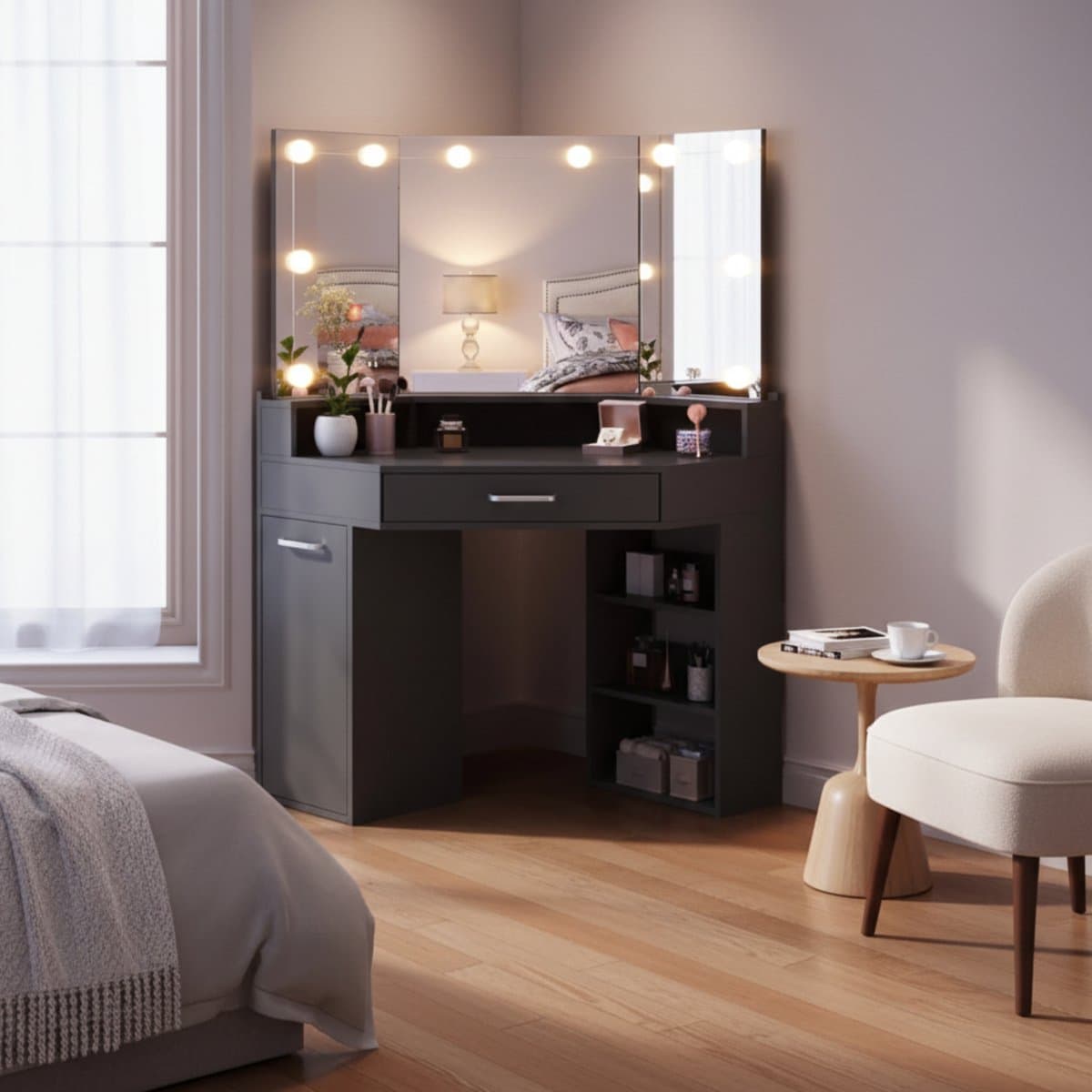 Make-up Hoek Kaptafel met Drievoudige Spiegel & 3-Kleuren LED – 110 x 54 x 141,5 cm – Luxe Make-upstation met Laden, Uitschuifkast & Opbergvakken – Zwart – Altameubel