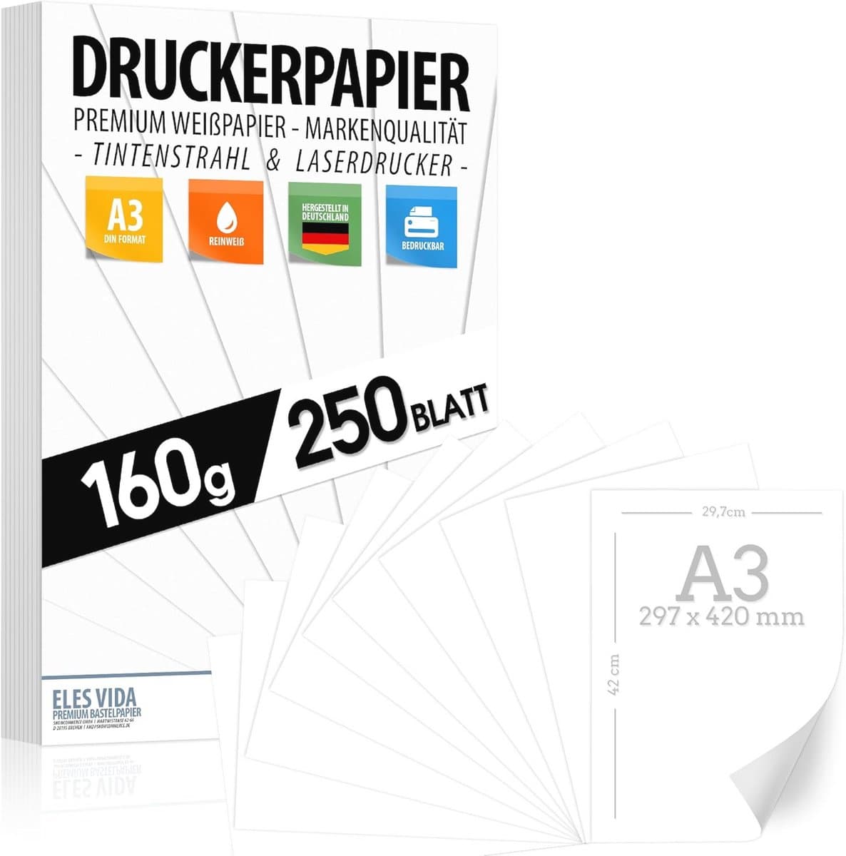 Premium A3 Printerpapier 160 g - 250 Vellen - Zuiver Wit - Perfect voor Fotografie, Presentaties & Knutselen