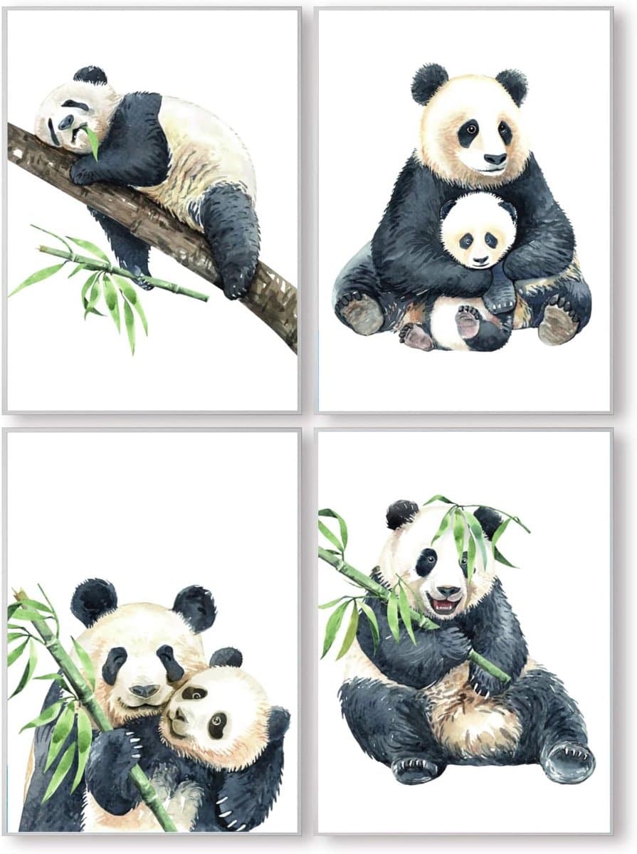 Set van 4 Panda Posters voor Kinderkamer Decoratie - DIN A4 Afbeeldingen voor Jongens en Meisjes