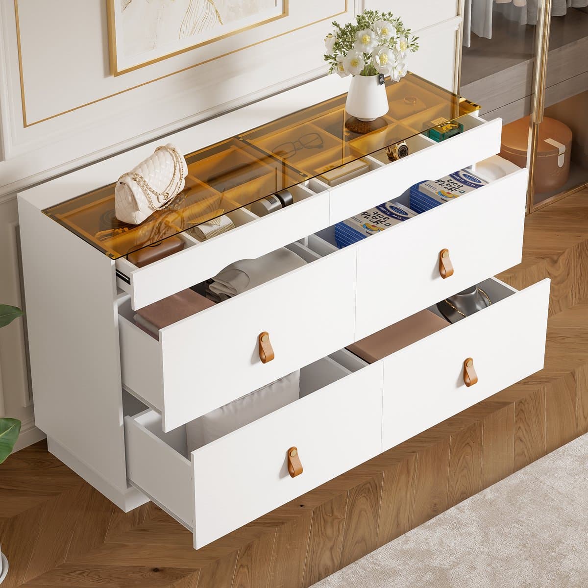 Commode met glazen blad en lederen handgrepen - 120x40x78 cm wit - 6 laden waarvan 2 met vakindeling - krasbestendig ESG-glas - kippsicher - voor slaapkamer en woonkamer
