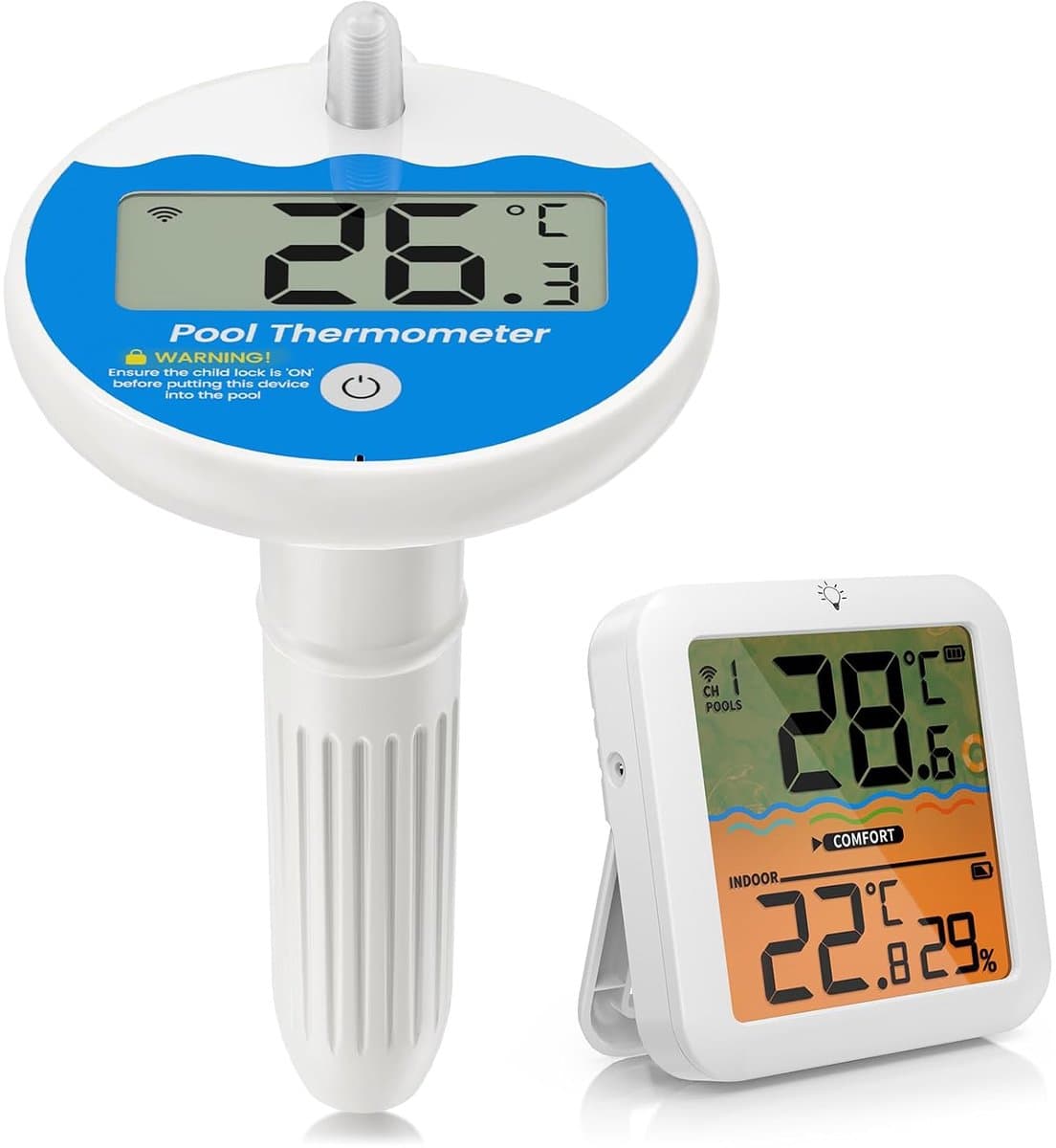 Thijox - Digitale Draadloze Drijvende Zwembadthermometer IPX68 Waterdicht met Groot LCD-Scherm en Binnenmonitor voor Zwembaden, Ideaal voor Tuin en Zo