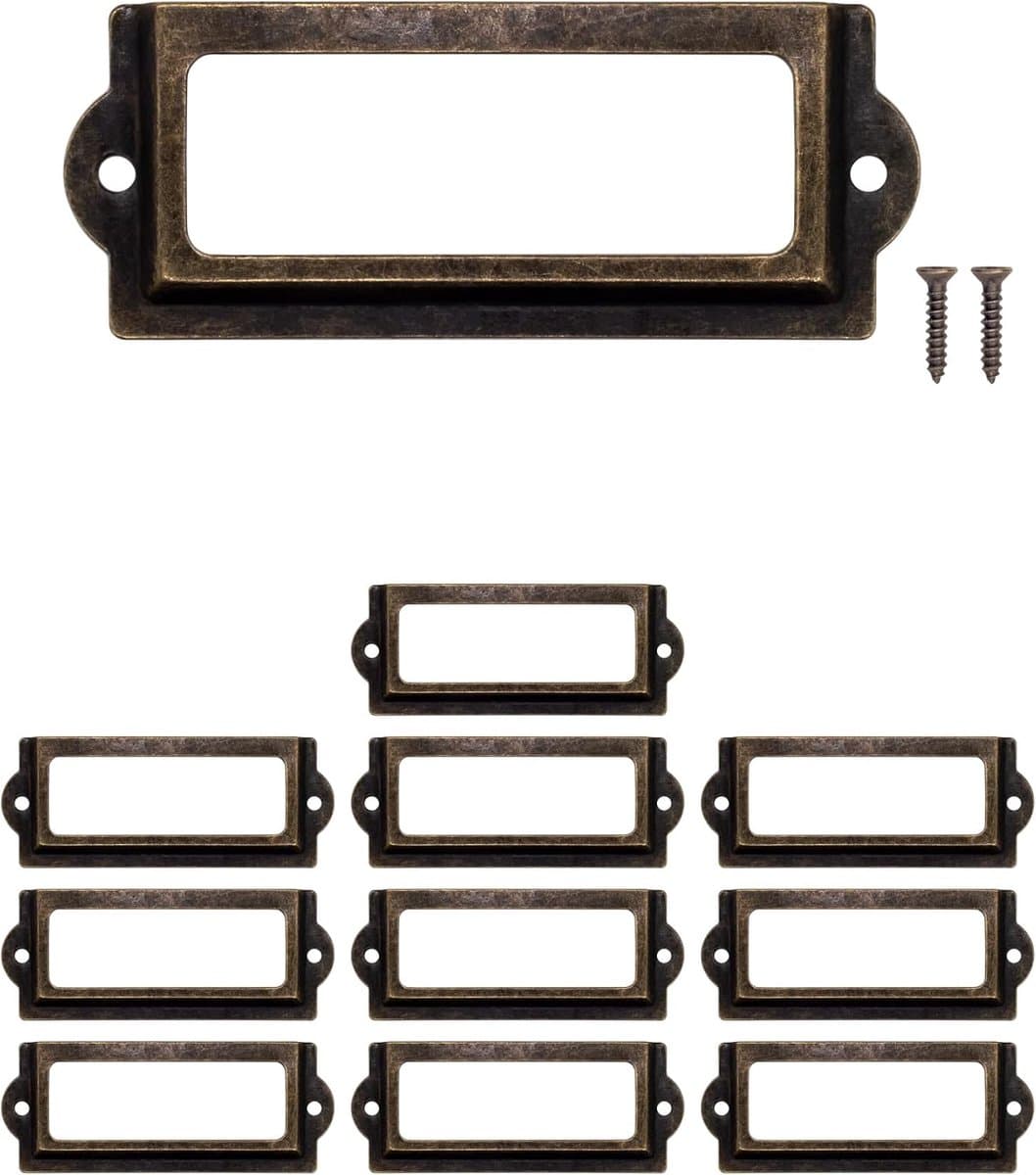 10 x etikettenvenster, antiek design, messing brons antieke look, voor apothekerskasten, indexdozen, sorteerdozen, archiefladen, archiefladen, archiefladen, 83 x 33 mm