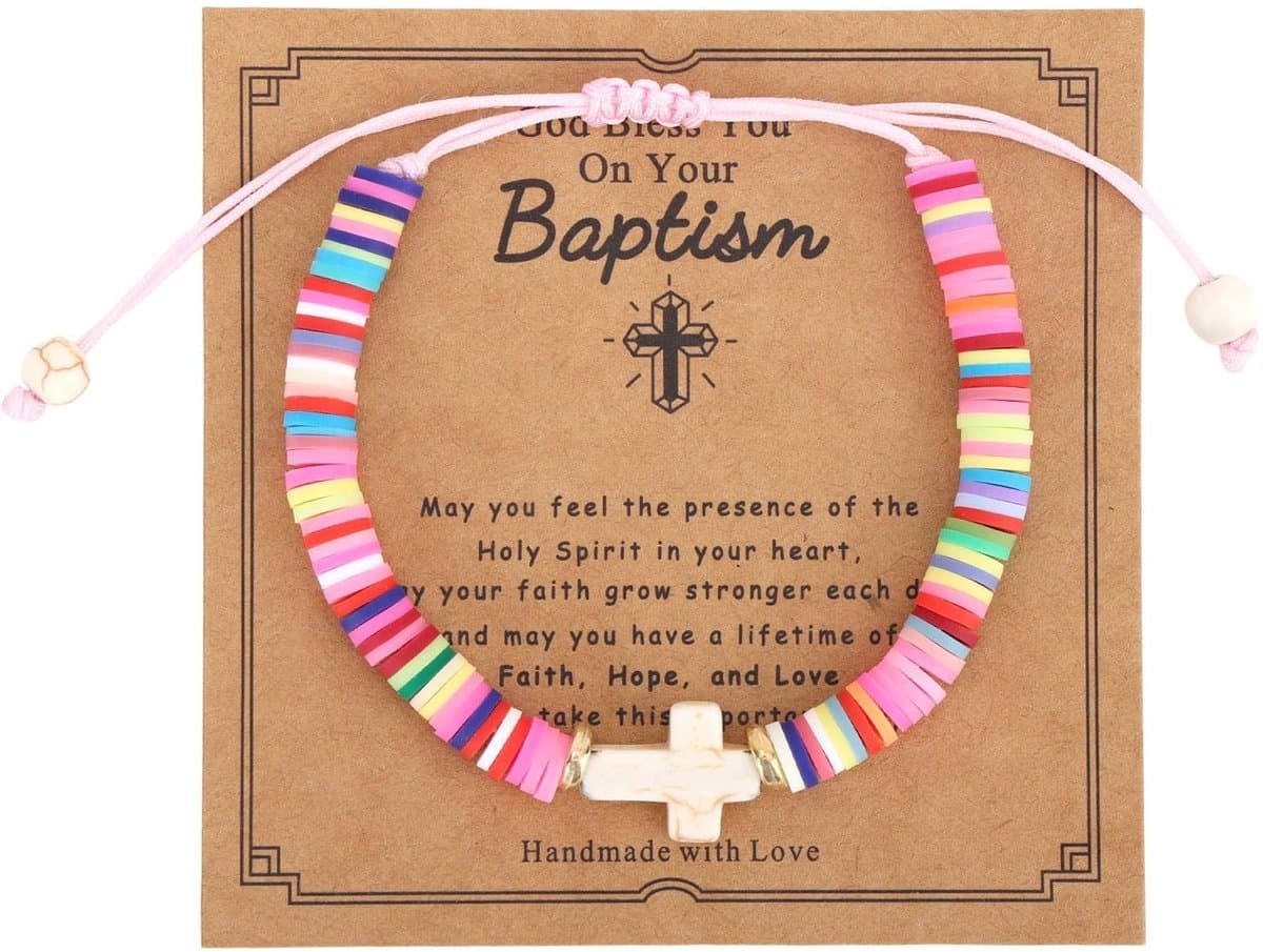 Dailygoods- Doopcadeau Verstelbare Kruisarmband - Doopsieraden - Zegenkaart - Religieuze Cadeaus - Geloofssymbool - Materiaal: Zachte Klei - Armband
