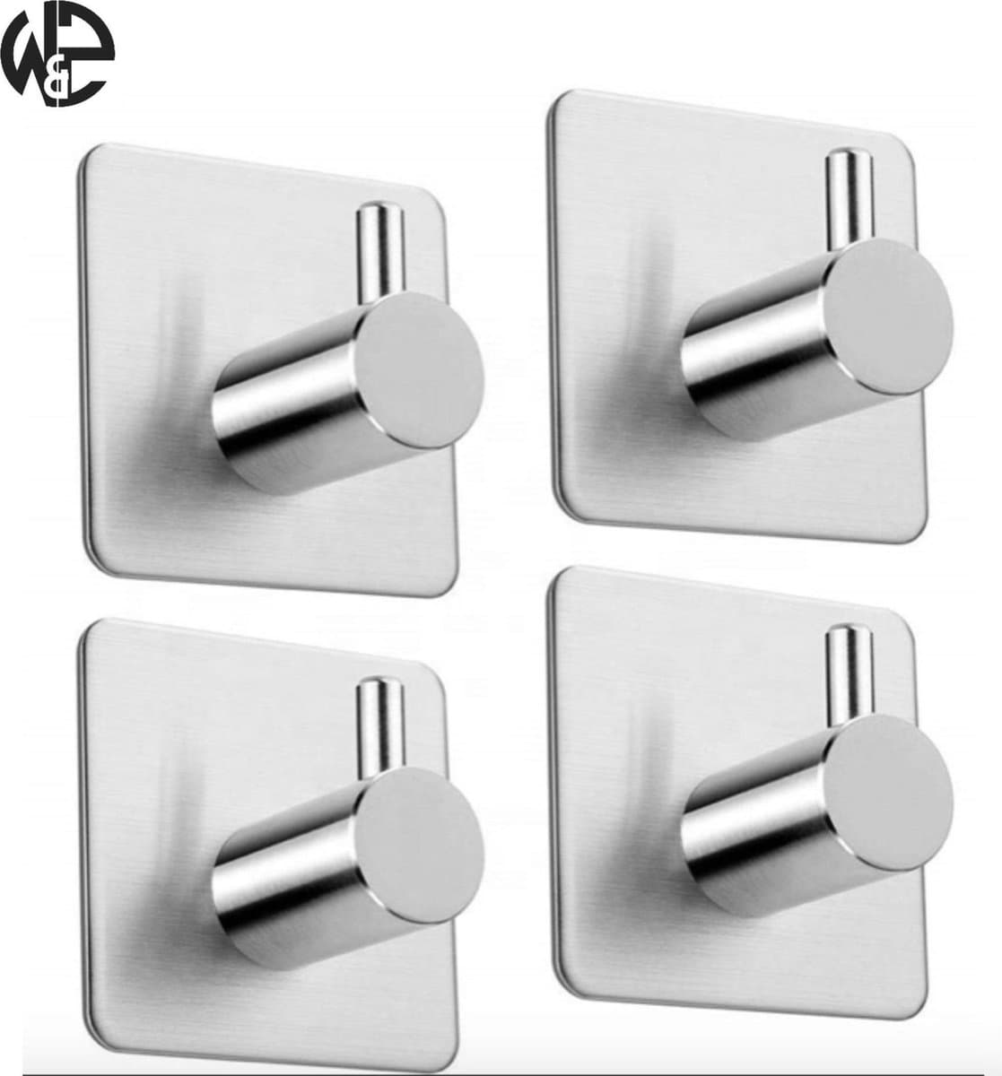 W&Z® Handdoekhaakjes Zilver (4-stuks) RVS -Zelfklevend -Wandhaak -Ophang haak - Plakhaakjes – Haakje -Keuken -Handoekhouder - Wandhaakjes -Grijs -Badkamer Set Zonder Boren -RVS Vierkant-Badjas Hanger Keuken Badkamer-Zelfklevende haak