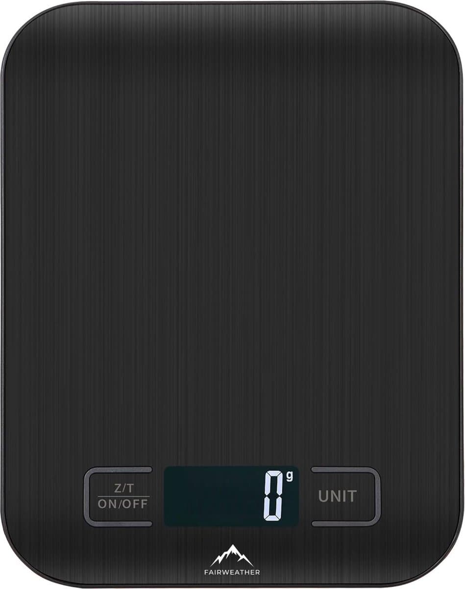 Fairweather Precisie Keukenweegschaal - Weegschaal Keuken Digitaal - 1 g tot 5 kg - Tarra Functie - Inclusief Batterijen - RVS/Zwart