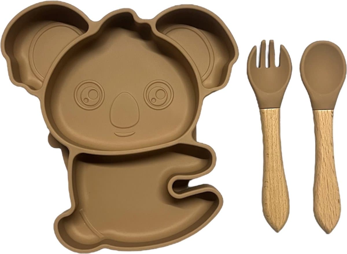 KimDo - Koala Siliconen babyservies set met zuignap - Bruin - Kinderservies set - Babybordje - Kinderbordje - Baby servies - Babybestek - Kinderbestek – Babybestek - Oven, vriezer en vaatwasserbestendig - BPA en PVC vrij bord