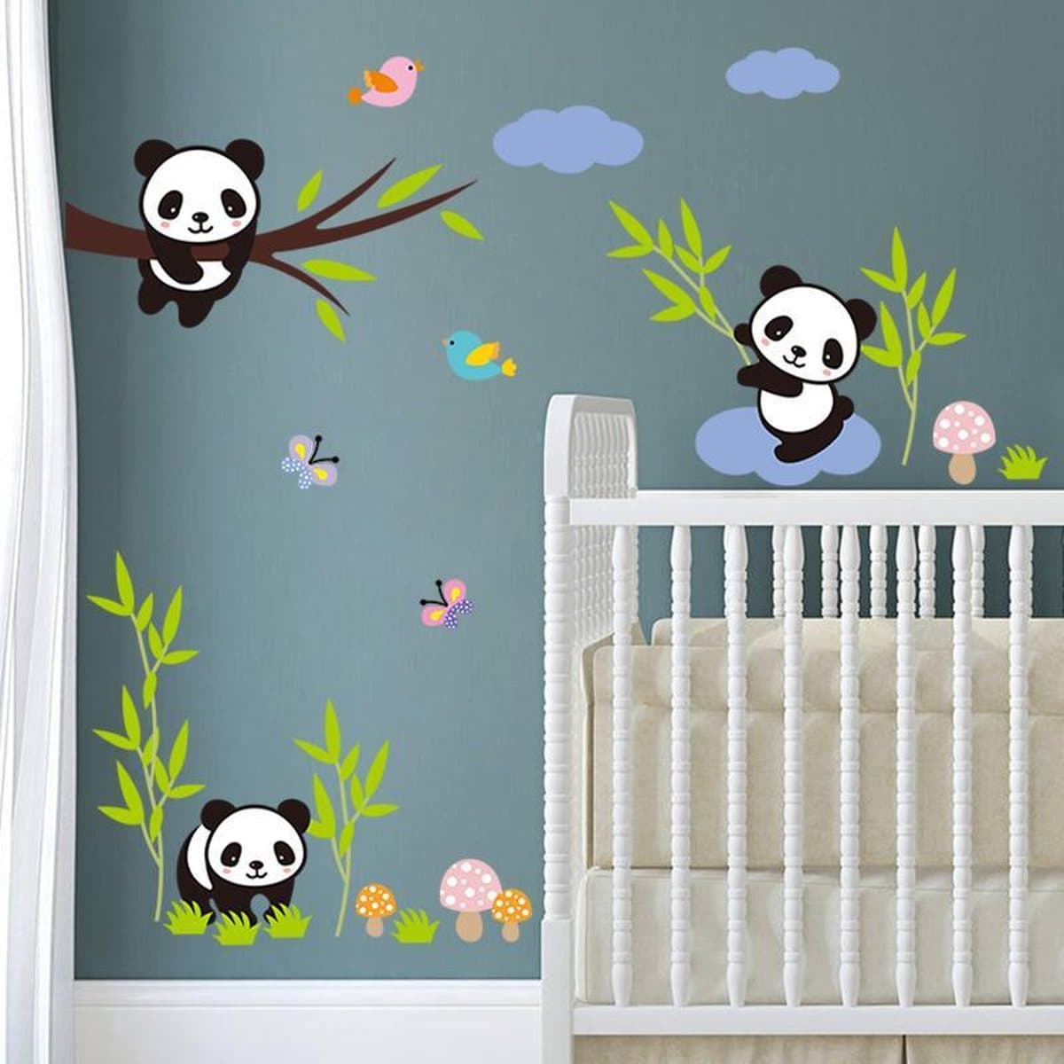 Muursticker Panda's - Leuke muursticker voor kinderkamer - Panda Boom en Wolk