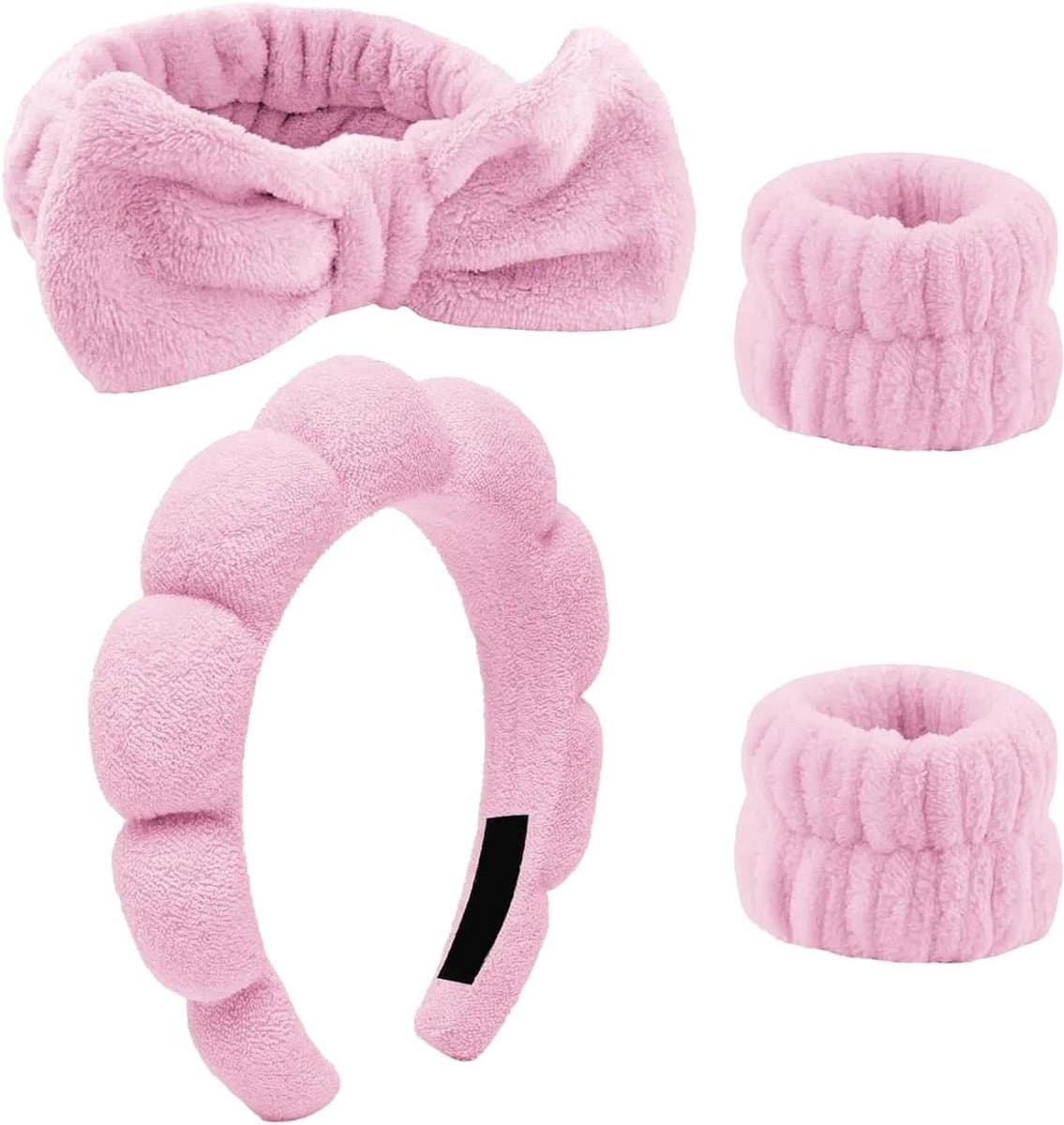 Haarbanden voor Dames - Make-up Haarband Spa - Schoonheidsverzorging - Huidvriendelijk Flanel - 4 stuks - Roze