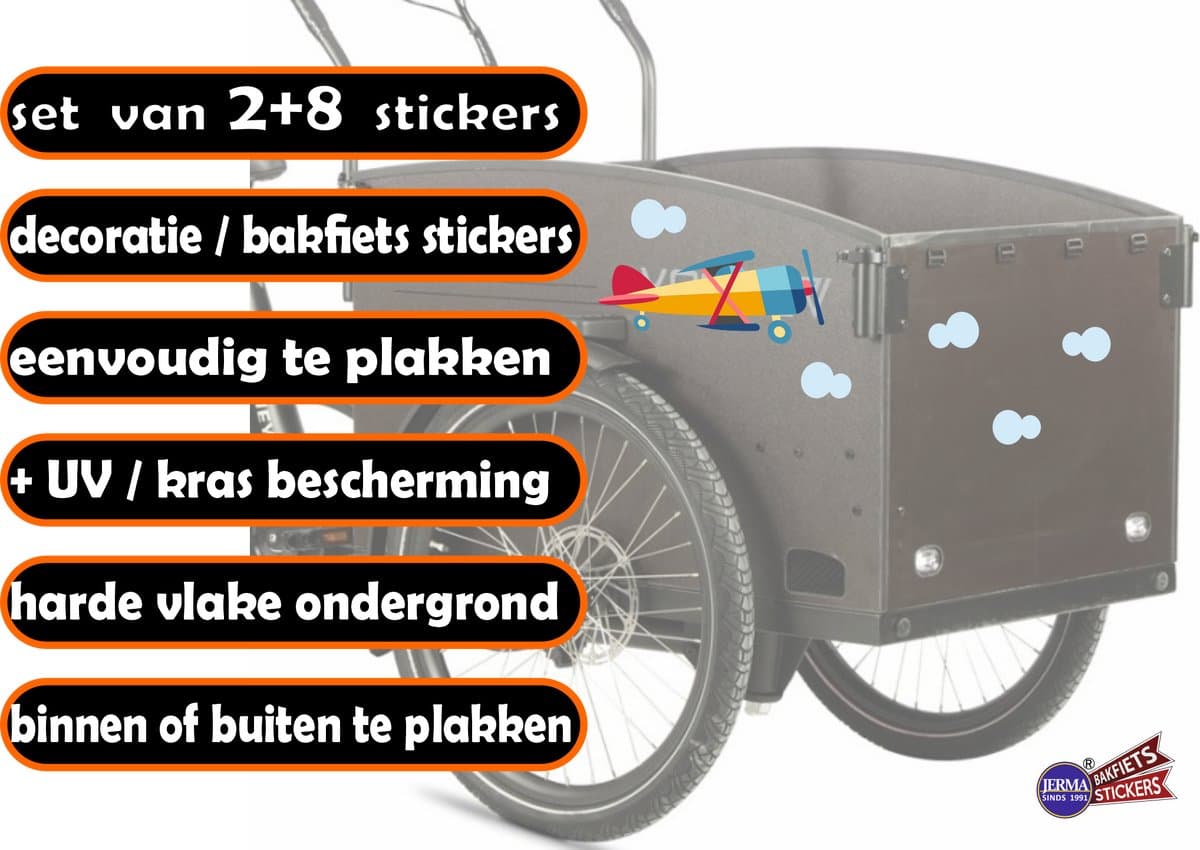 Jerma - Vliegtuig in de wolken - Sticker - Set 10 st. - 2 vliegtuigen 30x13 cm - Vinyl - Zelfklevend