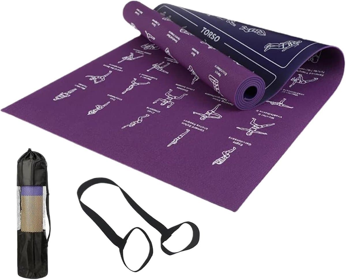 Pilates Mat - Fitnessmat Workout - Thuis Sporten - Met Houdingen Gids - 173x61cm - Paars Blauw