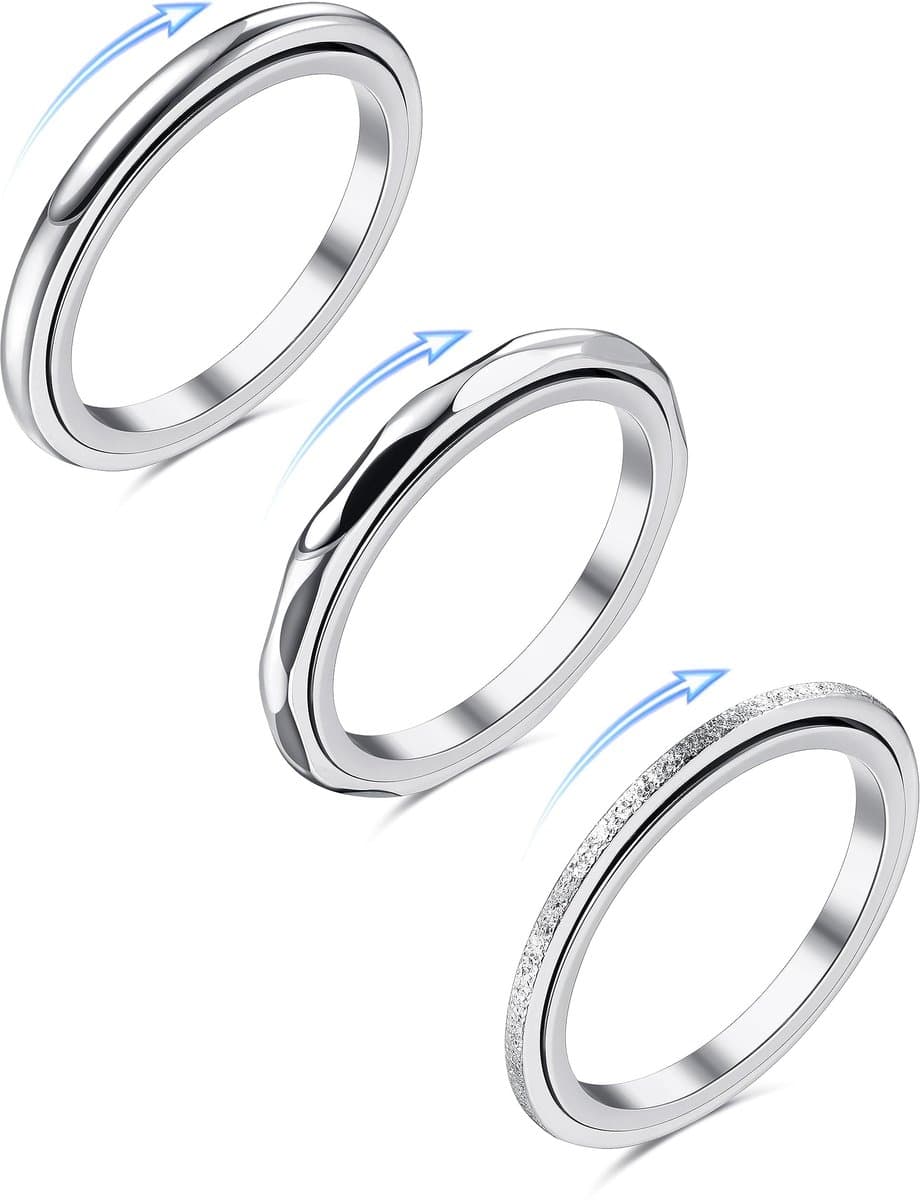 Dailygoods- Antistressring 3 Stuks - Roestvrij Staal - Draaibaar - Stapelbare Ringen - Glanzend/Matt/Golfring - Minimalistisch Design - Stressring