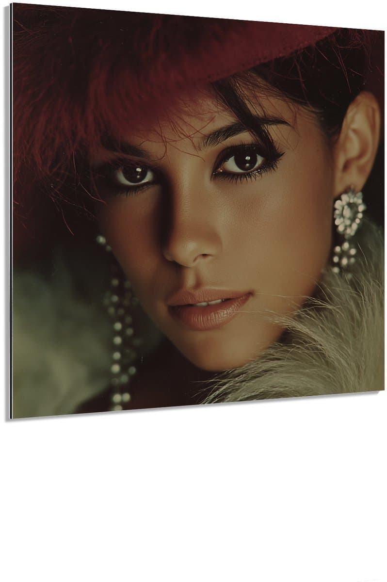 Rode hoed vrouw portret - Schilderij 50x50 cm - Wanddecoratie op Aluminium Dibond - Aluminium Wandpaneel