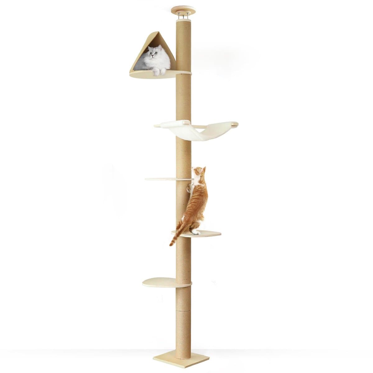 Famanu – Verstelbare krabpaal voor katten, 6 hoogtes (1,8-3 m), klimtoren met versterkte stang en activiteitencentrum met tent en zachte hangmat, beige