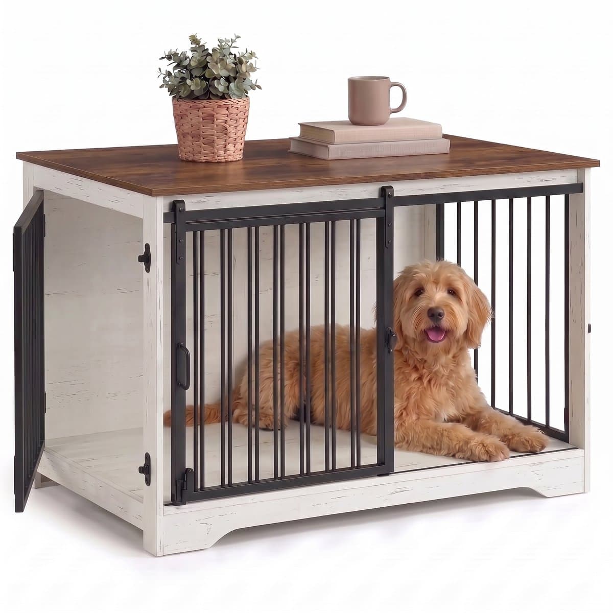 Aiverig® Hondenbench Hout Meubel – met Schuifdeur & Zijdeur – Hondenhok voor Binnen & Hondenkooi – Krasvrije Poten & Anti-knaag Sloten – Voor Middelgrote Honden – Wit Bruin – 100×60×68 CM