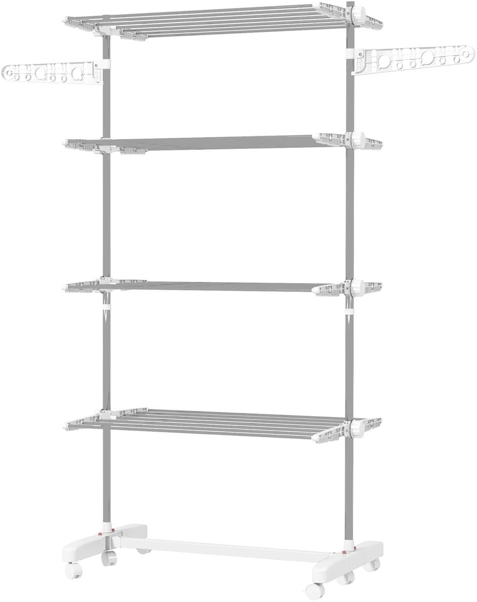 Droogrek - inklapbaar - zijvleugels - voor binnen en buiten - 142 x 55 x 152 cm - 4 niveaus - 6 wielen - frame van roestvrij staal - wit