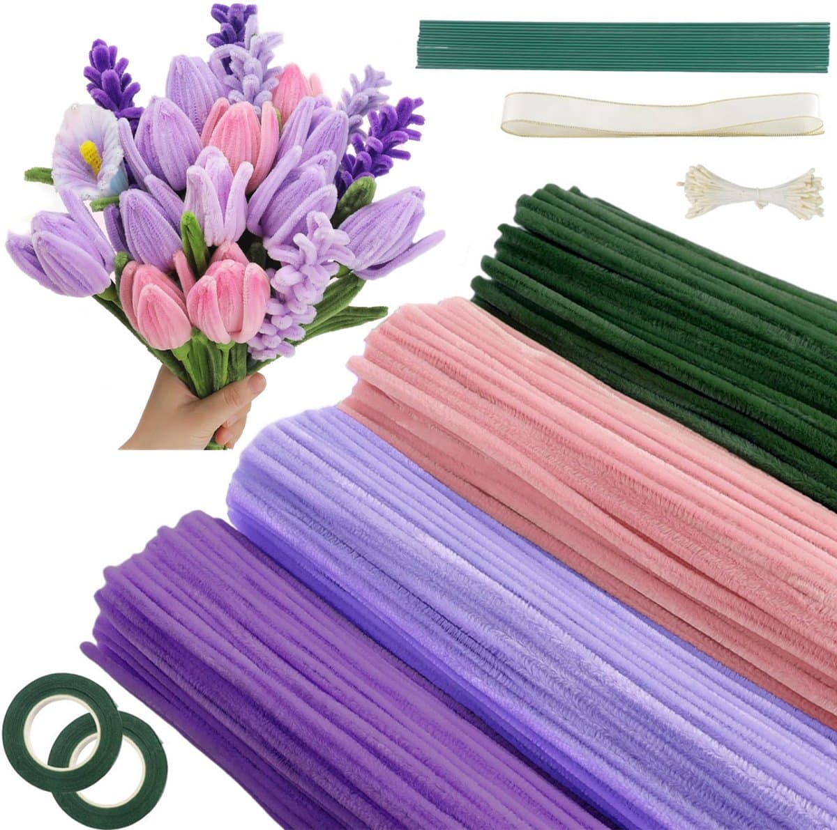 Knutselset met 400 pijpenragers - Pijpenragers - Chenilledraad - DIY handgemaakte tulpenboeket cadeauset - Inclusief bloemendraad en bloemmeeldraden - Knutselen Meisjes - Knutselpakketten