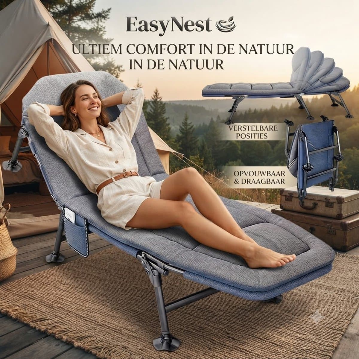 Opvouwbaar Campingbed 133 x 65 cm – Veldbed met Matras en Zijvak – Verstelbare Rugleuning met 5 Standen – Draagbaar Slaapbed voor Kinderen en Volwassenen