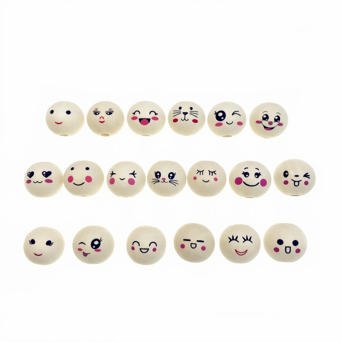 Houten kralen met gezicht, glimlachende gezichtskop, 20 mm, ronde houten kralen om te rijgen, voor doe-het-zelf decoraties, sieraden