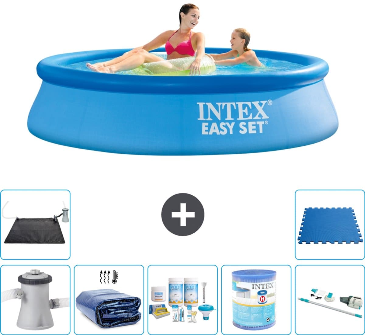 Intex Rond Opblaasbaar Easy Set Zwembad - 244 x 61 cm - Blauw - Inclusief Pomp - Solarzeil - Onderhoudspakket - Filter - Stofzuiger - Solar Mat - Vloertegels - 8-delig