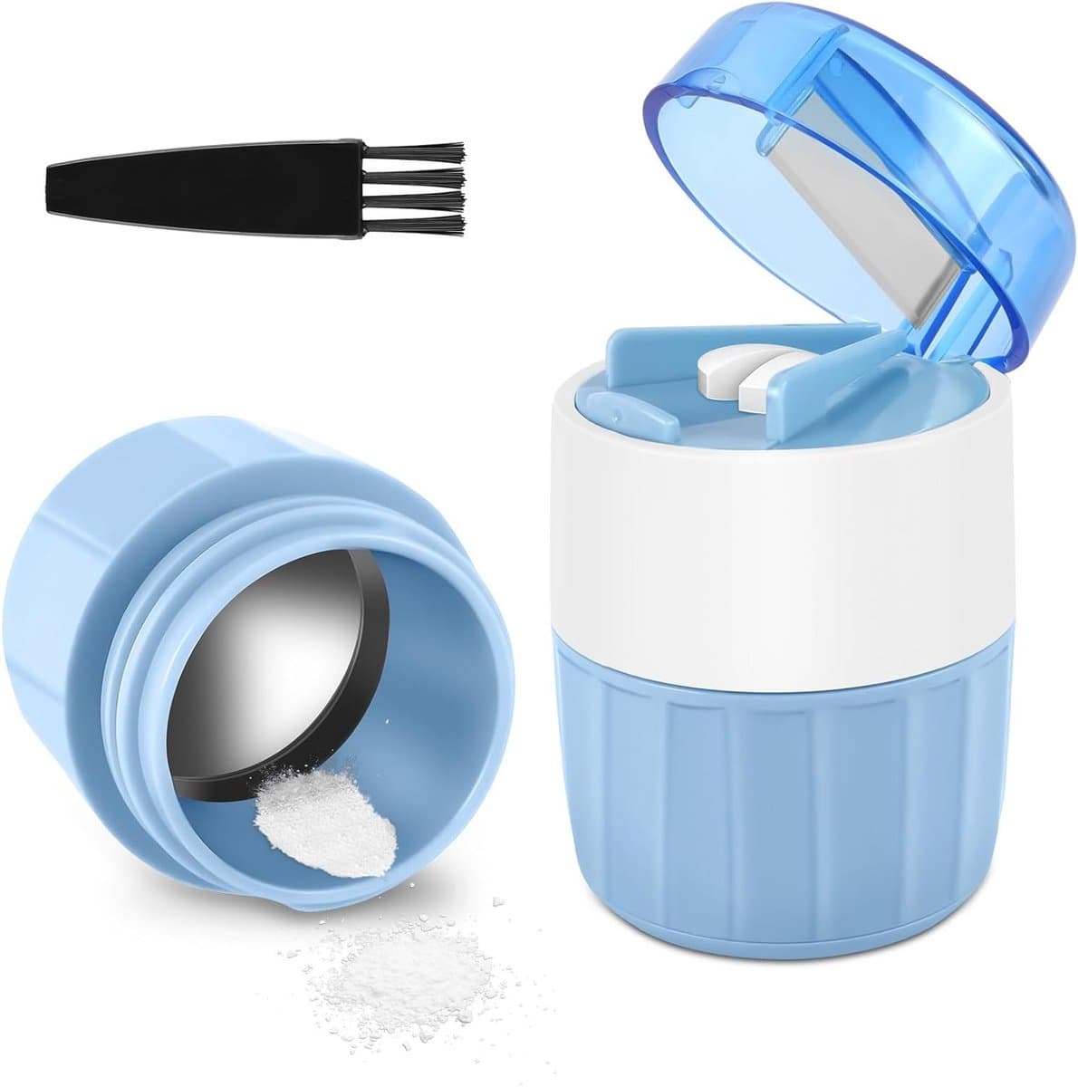 3-in-1 Tablet Crusher en Snijder, Ideaal voor Pillen en Tabletten, Compact en Efficiënt met Roestvrijstalen Maalkop, Lichtblauw Design