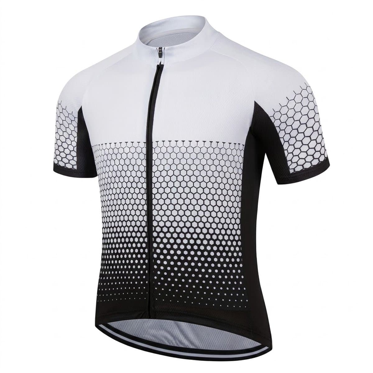 Wit zwart sport wielren shirt heren korte mouw fiets jersey met rits ademend sneldrogend vochtafvoerend stretch MTB fietsshirt wielrennen racefiets maat L