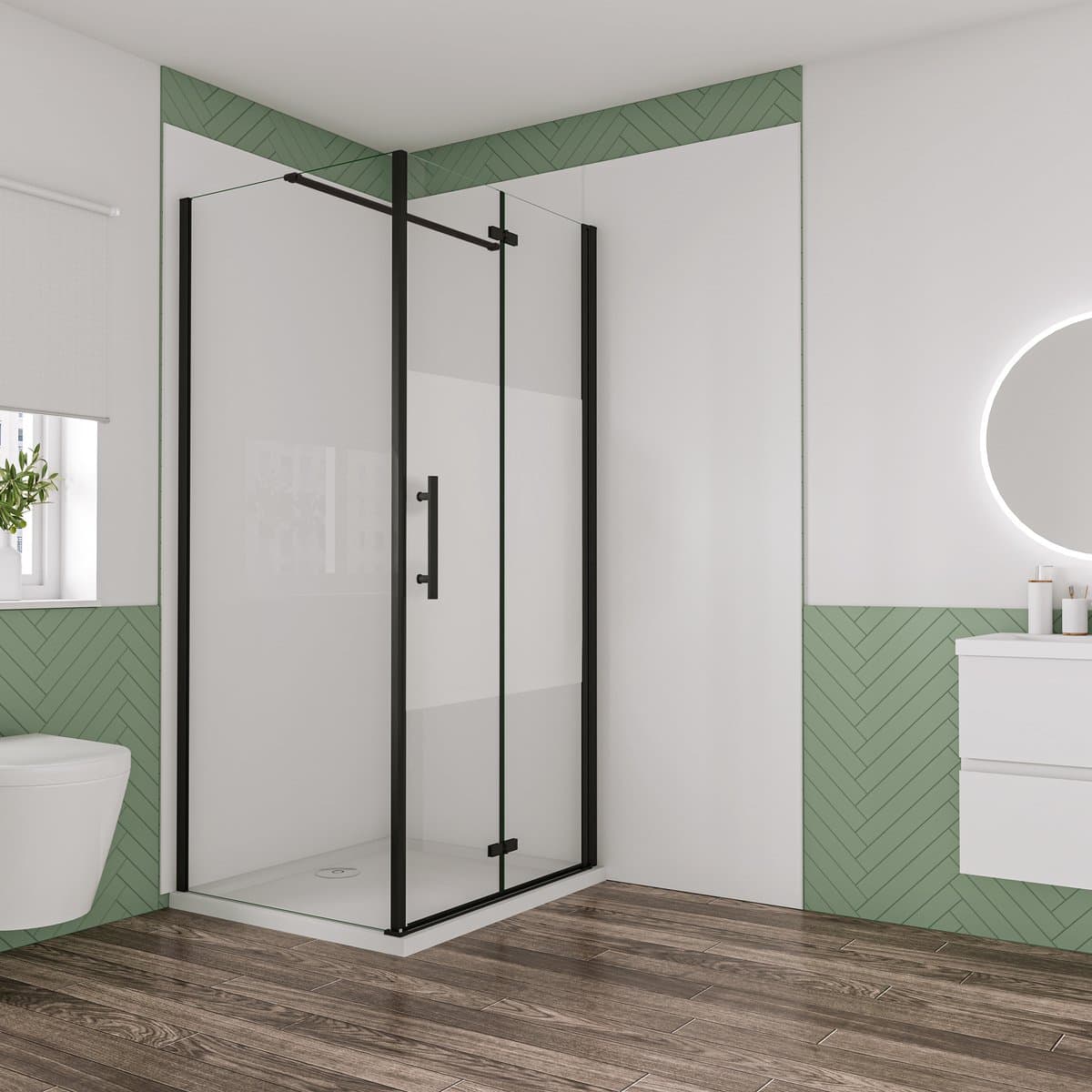 Aica Industriële douchecabine 70x80x195cm met vouwdeur en vaste zijwand 6mm nano veiligheidsglas ondoorzichtige matte middenstrook mat zwarte aluminium frame N-vorm 90cm Stabilisatiestang incl. douchebak