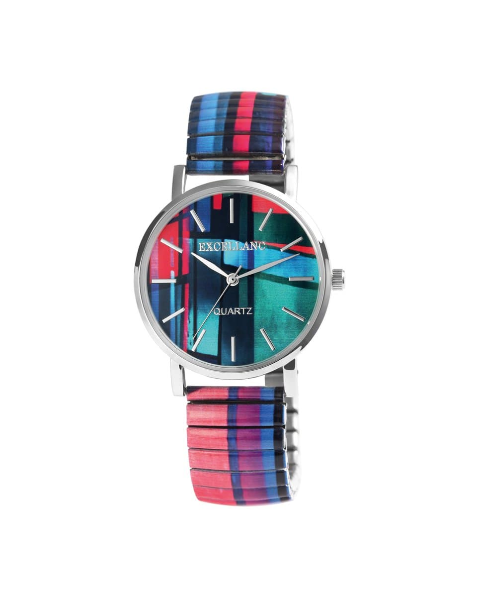 Excellanc-model 1700060-016-Dameshorloge-rekbare band-Multicolor-rood-groen-blauw-paars-3 atm waterdicht-diameter 35mm
