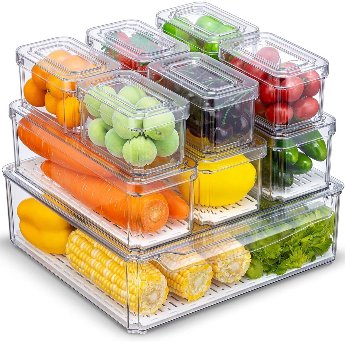 Dailygoods- Koelkast Organizer 10-delige Set - Stapelbare Voorraadbakjes - BPA-vrije Bewaardozen - Uitlekbakje voor Fruit/Groenten - Ideaal voor Dranken - Perfect voor Keukenopslag - Opbergbakjes