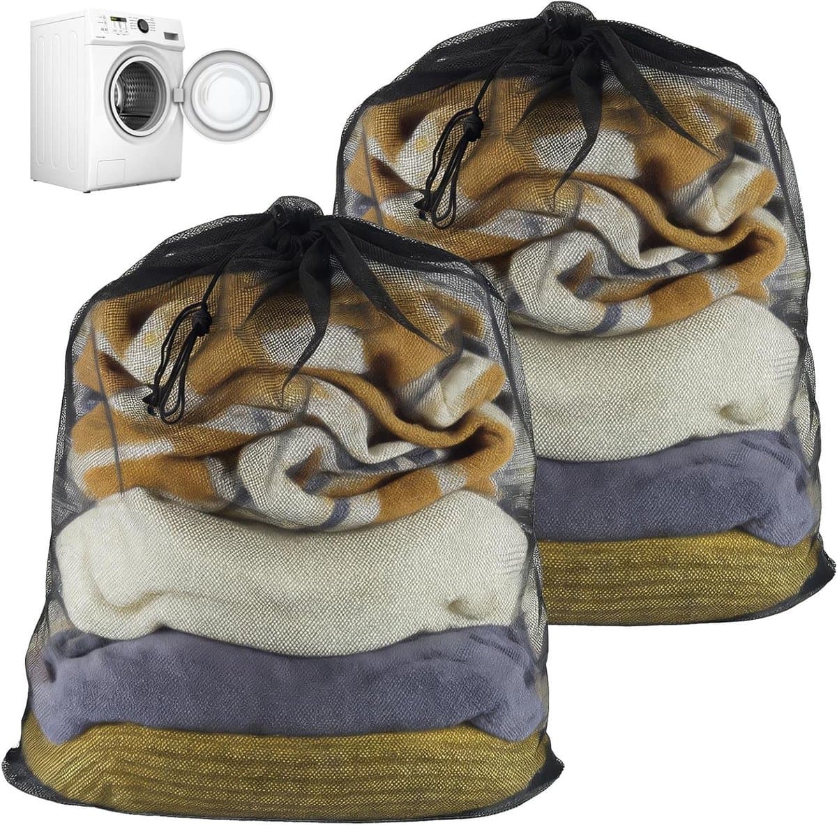 Wasnetten voor de wasmachine - 2 stuks 70 x 90 cm, grote waszakken met trekkoord voor kleding, beddengoed en pluizige items