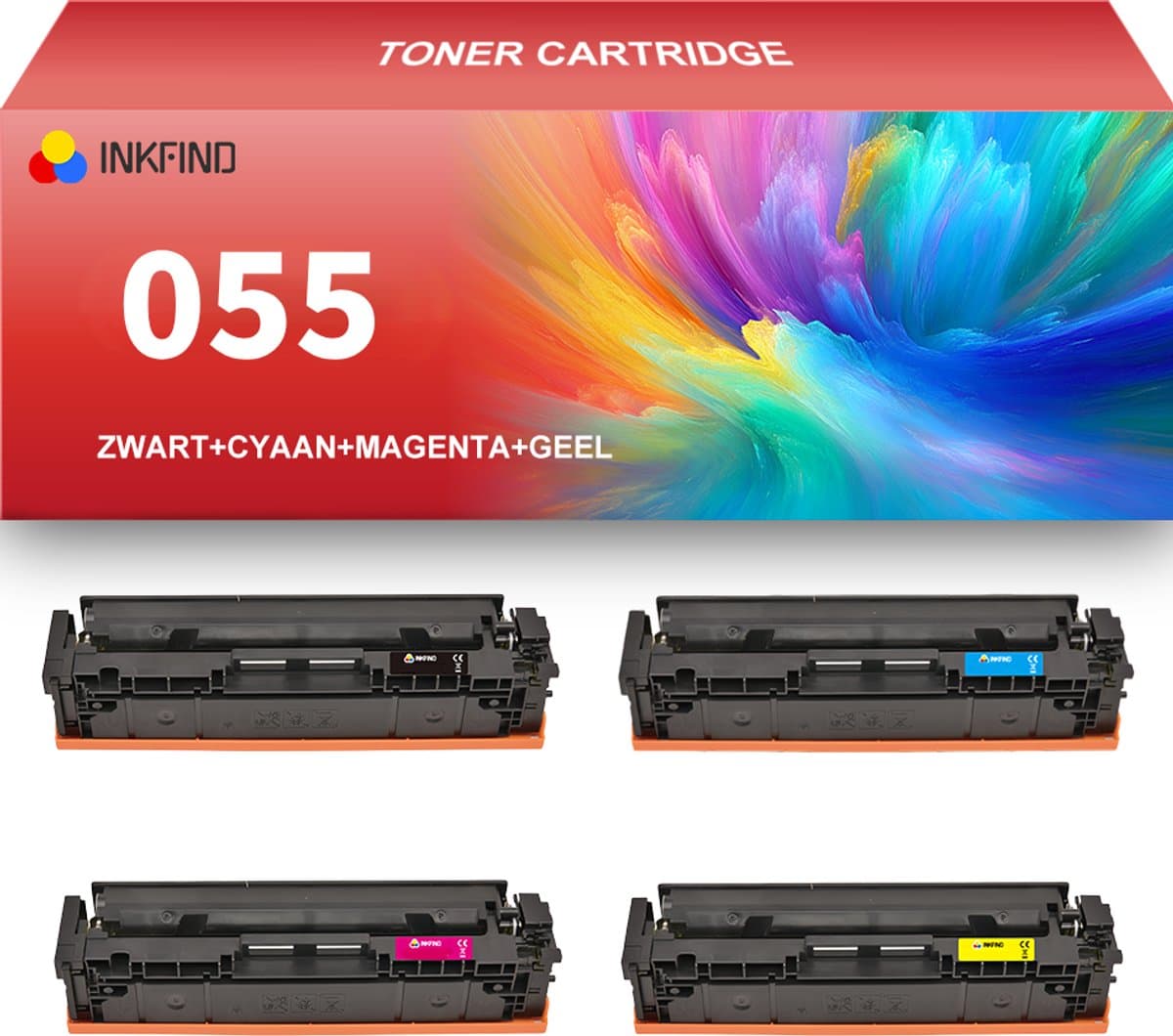 INKFIND 055 tonercartridge multipack van 4 stuks (Zwart+Cyaan+Magenta+Geel) compatibel met Canon055 Canon055H Canon cartridge 055 toner cartridge (Zwart+Cyaan+Magenta+Geel) - 4-pack BK/C/M/Y