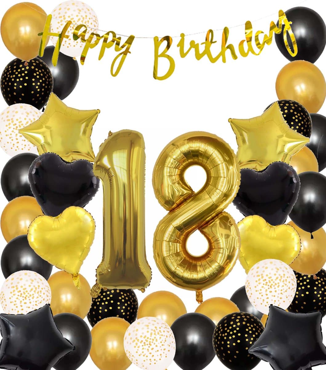 Snoes Ballonnen 18 Jaar Black Gold Dots Mega Ballon - Compleet Feestpakket Goud Zwart Stippen Cijferballon 18 - Verjaardag Versiering DIY Slinger Happy Birthday – Folieballon – Latex Ballonnen - Helium Ballonnen