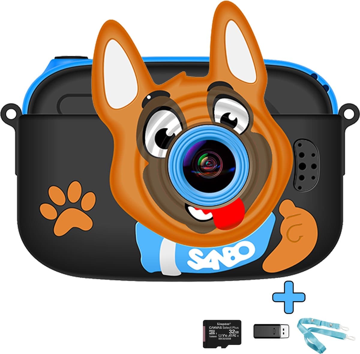 Sanbo Kindercamera - Nederlandstalig - Selfiecamera - Blauw / Zwart - Incl. 32Gb Sd-Kaart en Reader – Fototoestel Kinderen - Speelcamera