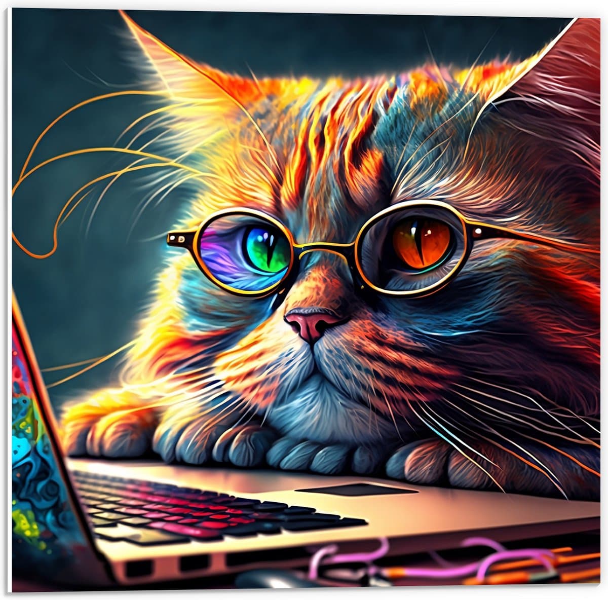 PVC Schuimplaat- Kleurrijke Snuggere Kat met Bril achter Laptop - 50x50 cm Foto op PVC Schuimplaat