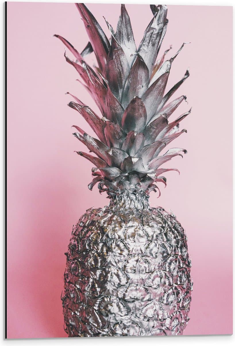 Dibond - Zilveren Ananas met Roze Achtergrond - 40x60 cm Foto op Aluminium (Wanddecoratie van metaal)